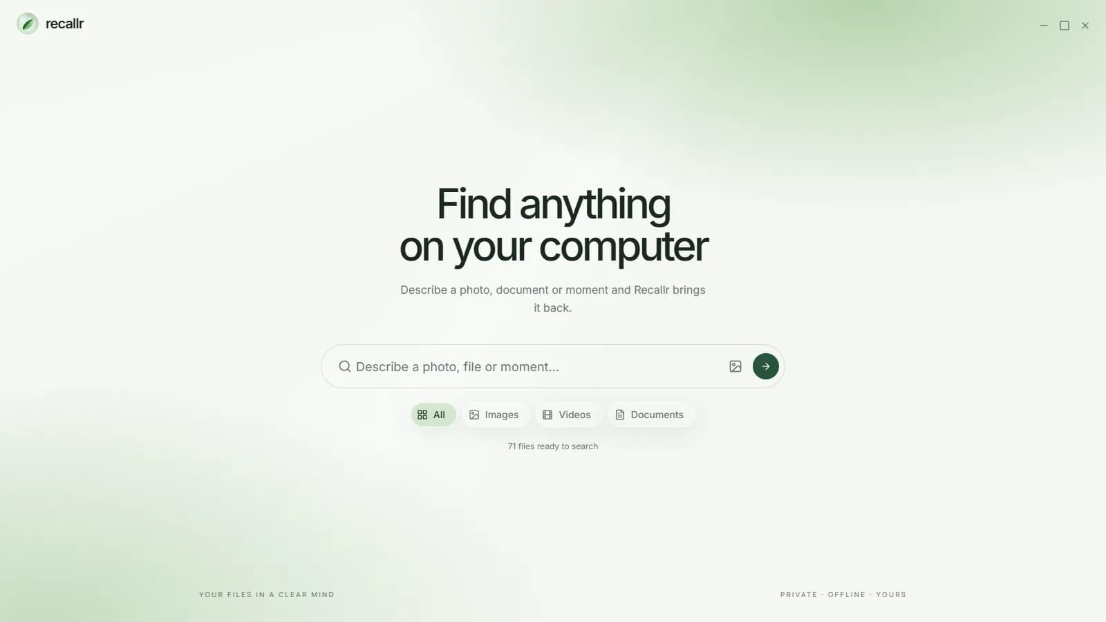 Recallr home screen with a search bar and filters for images, videos and documents
