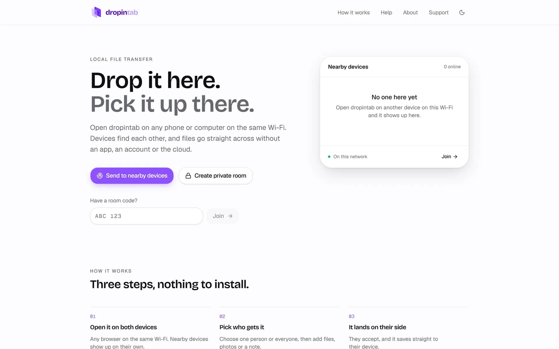 The Dropintab home page with nearby devices and a private room option