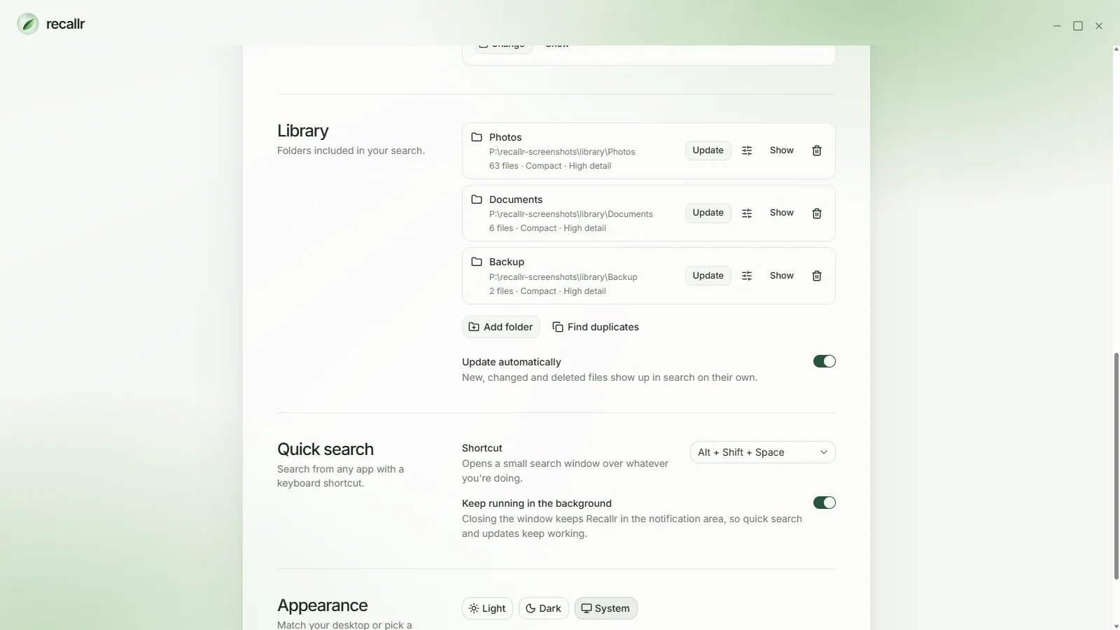 Recallr Settings with library folders for Photos, Documents and Backup, and quick search set to Alt + Shift + Space
