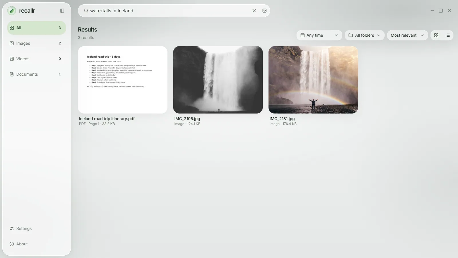Recallr search for "waterfalls in Iceland" returning an Iceland road trip PDF next to two waterfall photos